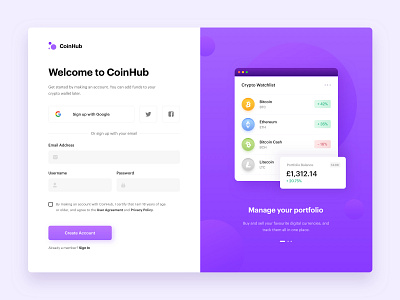 CoinHub Sign Up UI bitcoin branding coins crypto cryptocurrency design ethereum fields form forms purple register sign in sign up signup trading trading platform trendy ui welcome