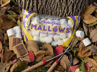 Sista Sista Mallows bag campfire lettering marshmallows packaging smores typography
