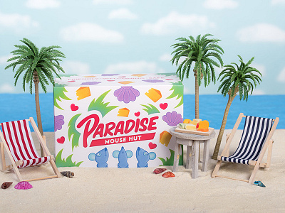 Paradise Mouse Hut box hand lettering mice mouse ocean packaging palm trees paradise sand trap typography