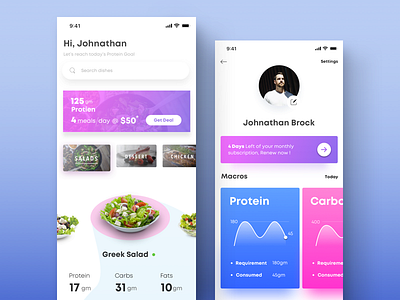 Online food ordering and macro nutrition tracking app UI/UX app delivery food graph macros minimal nutrition order profile card typogaphy ui uidesign uiux design user ux