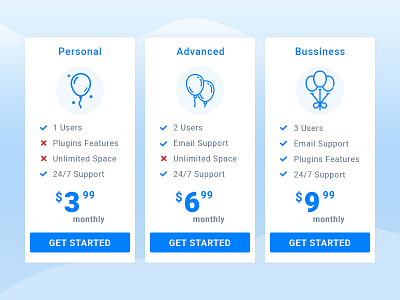 Pricing Plans ball balloon featured icons illustration plans pricing support table ui vector