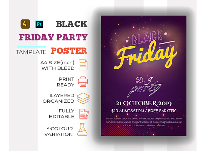 Black Friday Party Poster advert advertisement banner banners birthday party black black friday black friday sale campaign card christmas christmas sale club party cyber monday sale discount flyer friday neon light new year