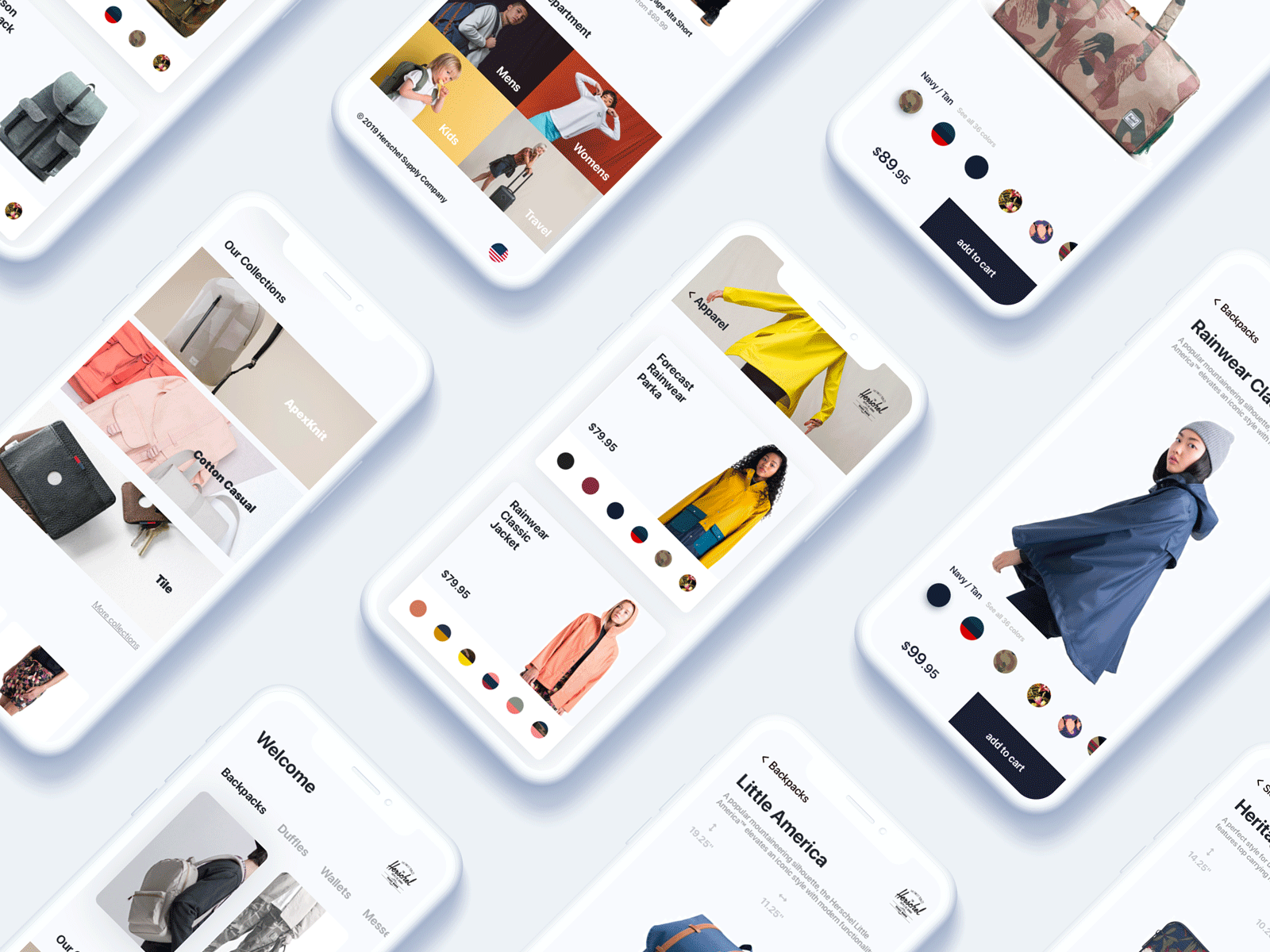 Herschel App app backpacks cards clean coats ecommerce fashion ios light sketch ui