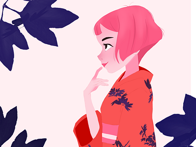 Kimono girl girl illustration kimono leaf pink woman