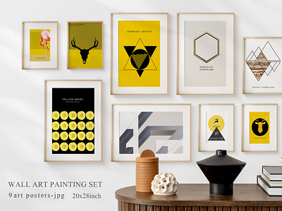 Abstract geometric yellow wall art set. Posters, covers, prints. 3d geometry branding decoration design grunge hand painted illustration logo paintings ui