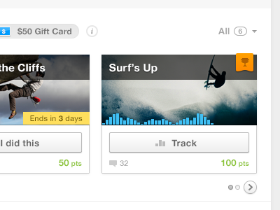 Surf's Up Challenge button filter graph icon pager photos points reward sparkline surf tracking trophy