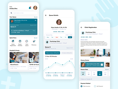 Hospital Online Registration and Clinic Queue Checker app design ui ux vector