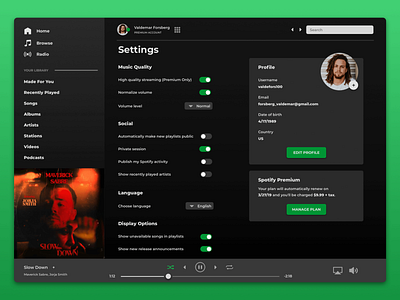 Spotify Redesign app redesign daily ui 007 dailyui dailyui 007 music player redesign settings spotify