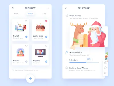 Christmas Wish App and Illustration blue cake christmas elves illustration list reindeer switch ui wacom wish