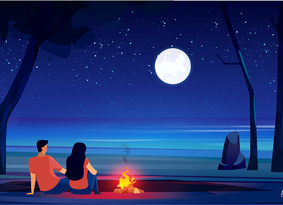 Couple Moon and Camp fire Illustration art away campfire couple debut design digital illustration digitalart dribbbleinvite first first post firstshot follow illustration like likeforlike likes moon