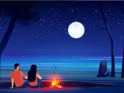 Couple Moon and Camp fire Illustration