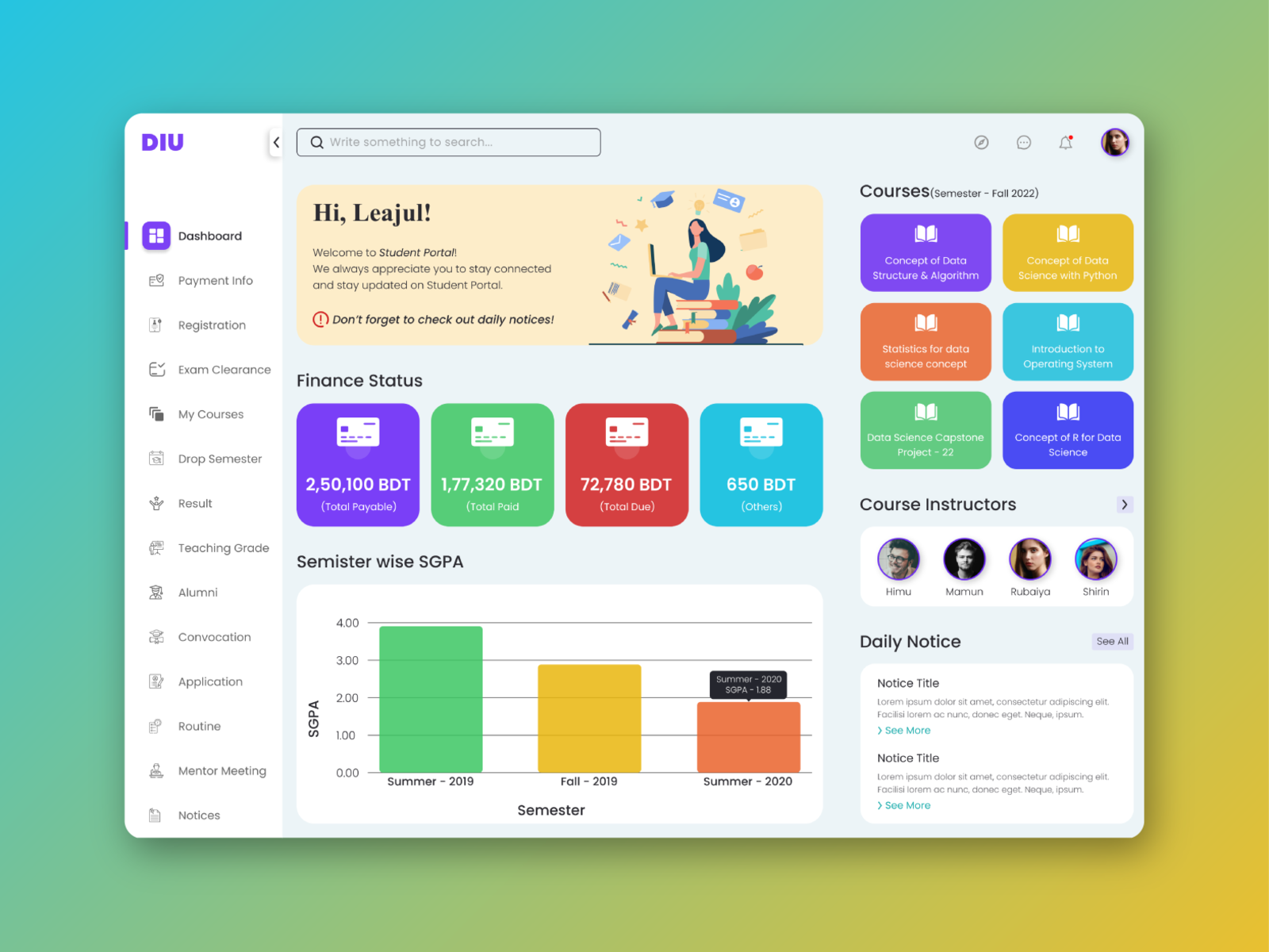 DIU Student Portal - Dashboard UI by Leajul Haque on Dribbble