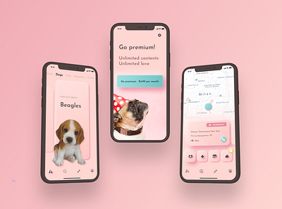 Bao House app cards carousel design dog maps navigations neomorphism paywall pets pink tiles ui