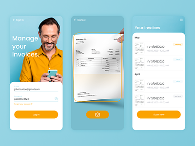 OCR Invoices Manager ai app artificial intelligence blue business invoices ios mobile ocr recipt ui uidesign ux yellow
