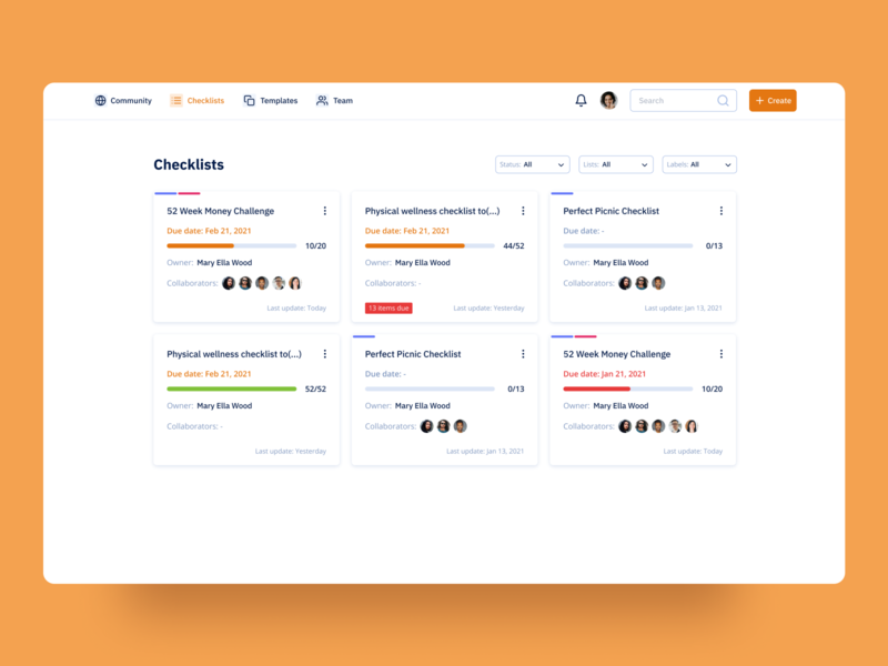 Listables Redesign - Checklists app checklist checklists collaborator dashboard design due date filters managment overview progress progressbar react tasks team to do ui ux web webapp