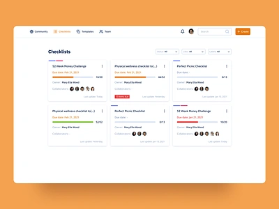 Listables Redesign - Checklists app checklist checklists collaborator dashboard design due date filters managment overview progress progressbar react tasks team to do ui ux web webapp