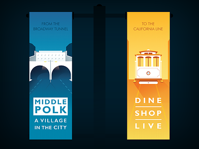 Middle Polk Neighborhood Banners banners brand cable car illustrator lamp post tunnel vector illustration