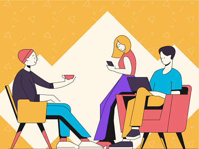 At the cafe 2d cafe character design designer developer flat freelancers girl guy illustration vector