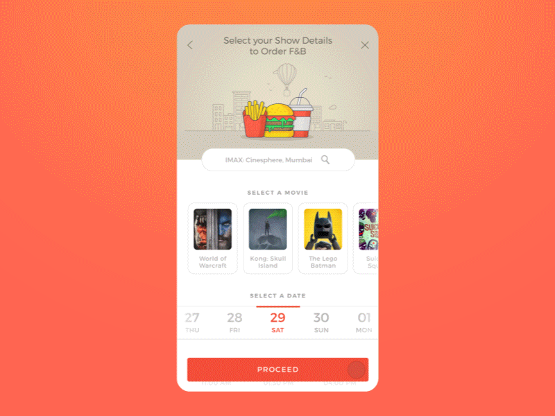 Select Your Movie Show Details to Place an F&B Order burger cinema date picker food beverage food icons fries movie scroll show selection ui