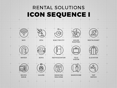 Rental Solutions - Icon Set dth elevator house keeping microwave restaurant sofa tap television wardrobe water wifi
