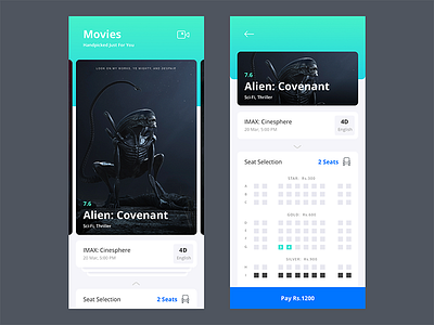 One Step Movie Booking app booking ios11 movie prototype seats selection showtime ui