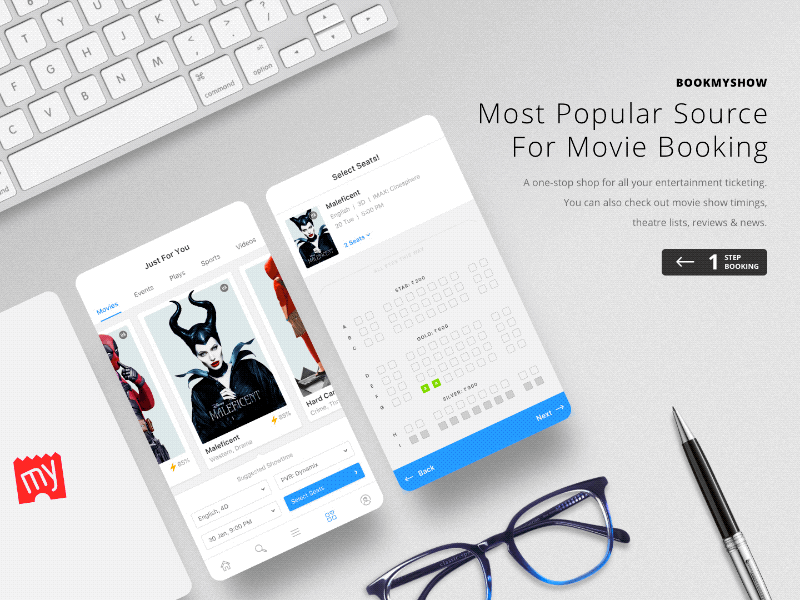 01. BookMyShow App app booking interaction ios movie prototype redesign seats selection showtime ui
