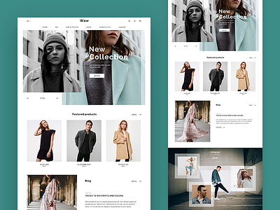 Waw e-commerce design blog clean design e commerce homepage instagram interface newsletter products teal web