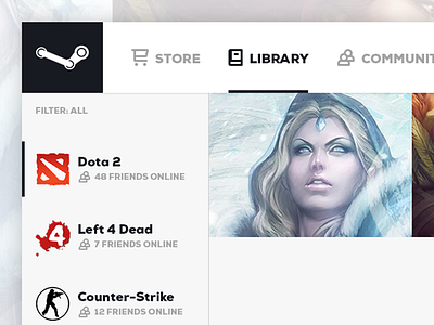 Steam Redesign dashboard dota friends game home library news play redesign steam valve web