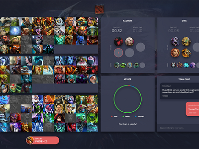 Dota 2 Captains Draft Mode Redesign battle chat dark dashboard design dota game steam time ui ux valve