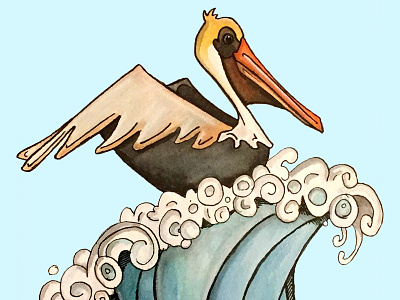 Pelican Wave illustration ink watercolor