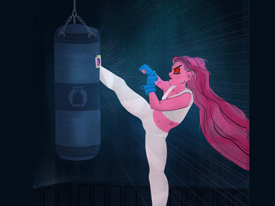 Persephone's Rage — Lore Olympus Fanart 2d blue cry drawing fight greek gym hades illustration lore loreolympus mythology persephone pink punching punching bag rage
