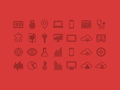 Icons beaker calendar charts cloud data email healthcare icon iconography icons key lab location medical puzzle science smartphone stethoscope tablet target