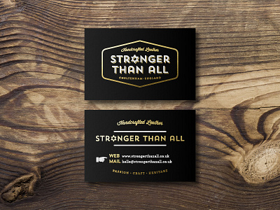 Stronger Than All 03 business card gold foil icon leather leather craft letterpress logo punchwheel stronger than all wordmark