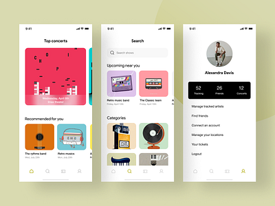 Music Event App android card colors concept concert design icons ios minimal music profile search song ui ux