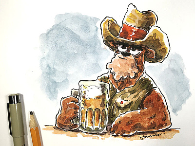 Bear with a beer art bear beer drawing illustration ink pen watercolour