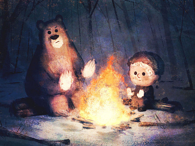 Keeping Warm animals campfire childrens cute illustration kids nature