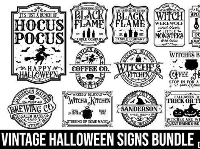 Vintage Halloween Sign Bundle black flame branding chubby font design ghost illustration witch