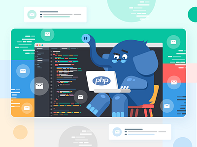 How PHP email sending works character clean code concept elephant flat graphic illustration php simple vivid