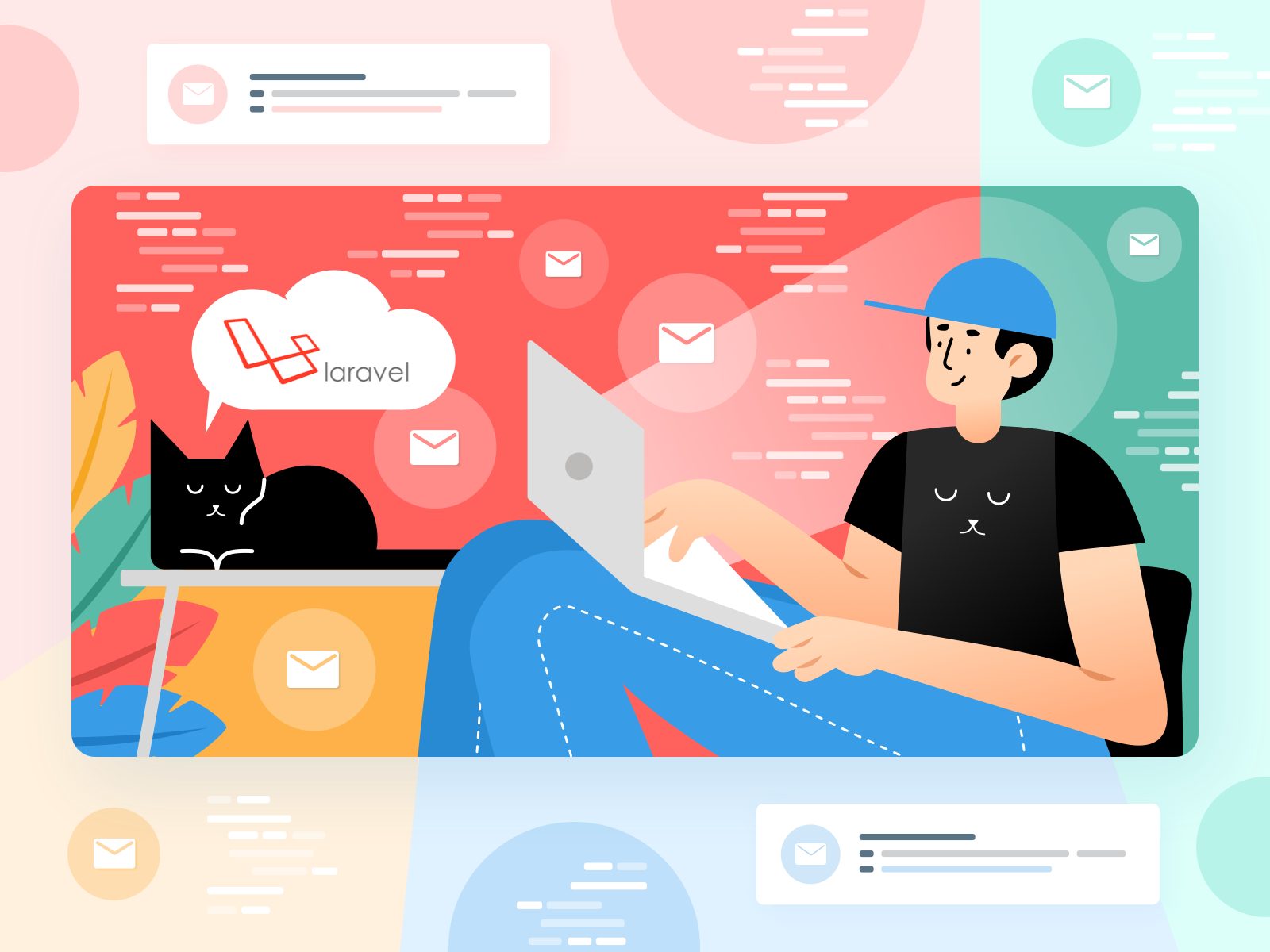 Sending Emails in Laravel - All You Want to Know blue cat character clean concept design email flat graphic green illustration laravel notebook red simple vector vivid