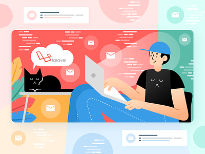 Sending Emails in Laravel – All You Want to Know blue cat character clean concept design email flat graphic green illustration laravel notebook red simple vector vivid