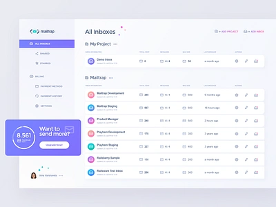 Mailtrap Application Interface app blue clean concept dashboard design flat graphic green icon interface light lilac navigation rows simple table ui vector vivid