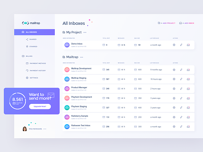 Mailtrap Application Interface app blue clean concept dashboard design flat graphic green icon interface light lilac navigation rows simple table ui vector vivid
