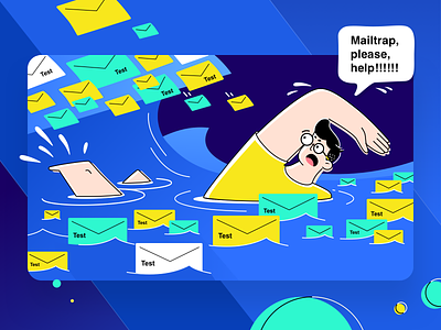 Sinking in test emails? Try Mailtrap! blue character clean design developer development email flat graphic illustration simple storm swimming test vector wave
