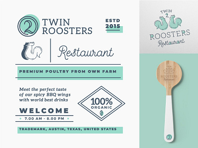 Twin Roosters Logo & Branding Elements branding design illustration logo logotype outlined restaurant roosters twin twins vector