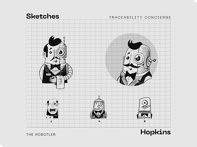 Hopkins Chatbot Sketches branding butler character character design concierge future illustration logo neue machina optel pangrampangram robot sketch sketches traceability wip
