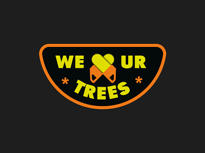 WE LOVE/CUT YOUR TREES badge branding chainsaw design funny heart illustration patch saw tafel tree typo typogaphy
