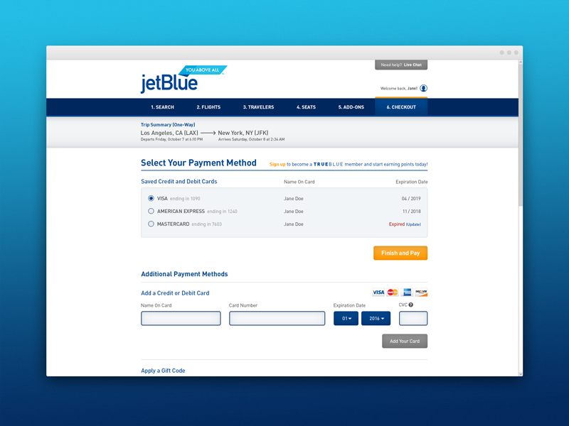 Daily UI 002 - jetBlue Credit Card Checkout by Justin Abadilla on Dribbble