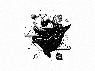 Celestial Orca Whale 2d affinity designer animation celestial clouds design fineliner illustration illustrator ink moon ocean orca sketch space stars stippling vector whale