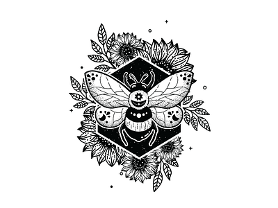 Celestial Bee 2d affinity designer bee black and white celestial design flat geometric hexagon hive honey illust illustration illustrator ink moon procreate sunflower texture vector