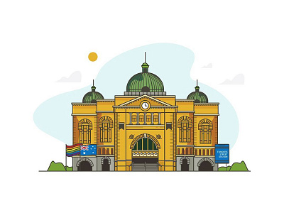 Flinders St Station 2d australia buildings flags flat flatdesign graphic design icon icons illustration landmark landmarks station train vector